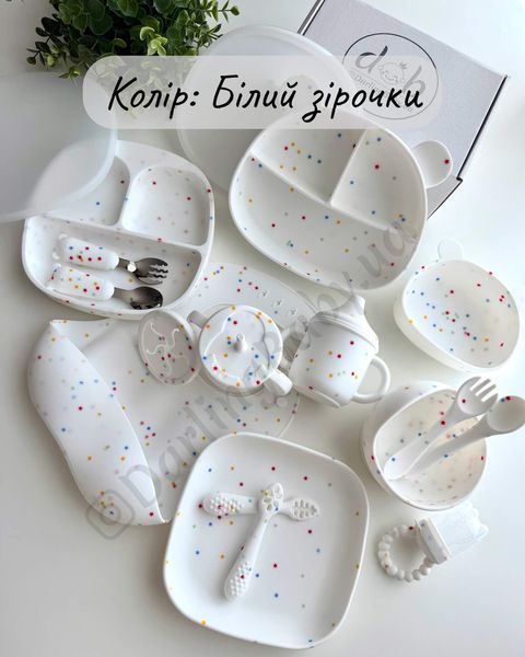 Силиконовая глубокая тарелка на присоске с высоким бортиком. Коллекция &laquo;Первый прикорм&raquo;, Белый звёздочки D333-1 фото