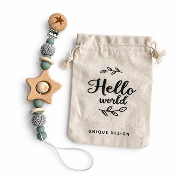 Держатель для пустышки &laquo;Звёздочка&raquo; из силикона и дерева с вязаными бусинами и мешочком &mdash; серый 458-6 фото