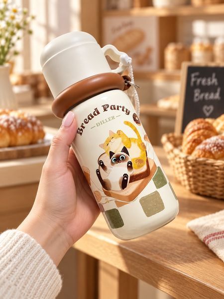 Детский термос 3 в 1 Diller Bread Party 480 мл с носиком, трубочкой и чашкой, Котики 446-1 фото