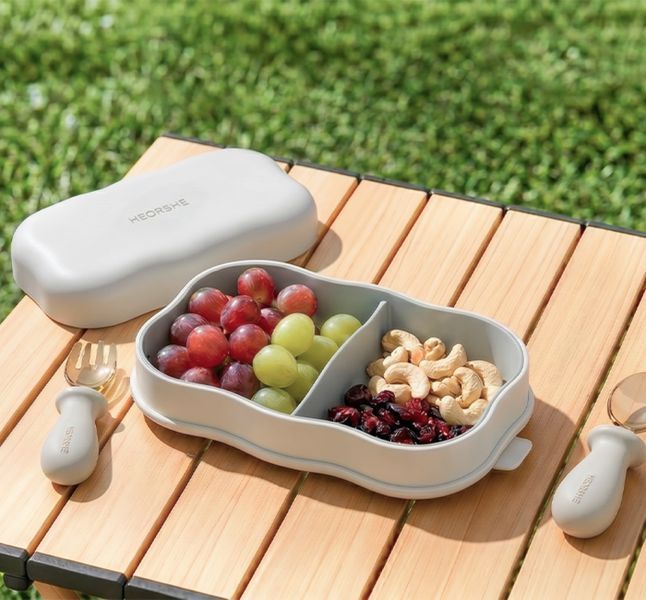 Дитячий силіконовий контейнер для їжі (ланч-бокс) HEORSHE Ripple Lid Food Box з кришкою, 2 секції та присосками 435-1 фото